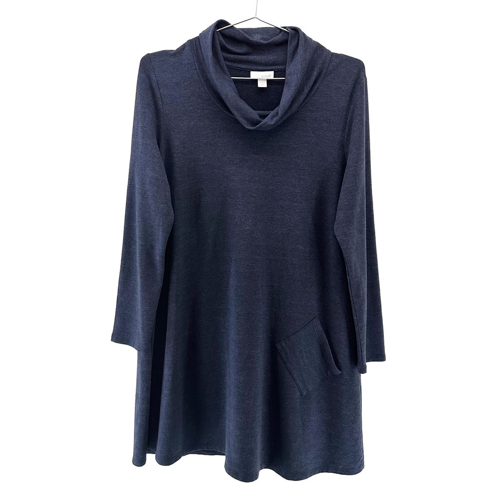 PURE JILL Tencel Cowl Neck Long Sleeve Tunic Dress • Medium Petite • navy blue